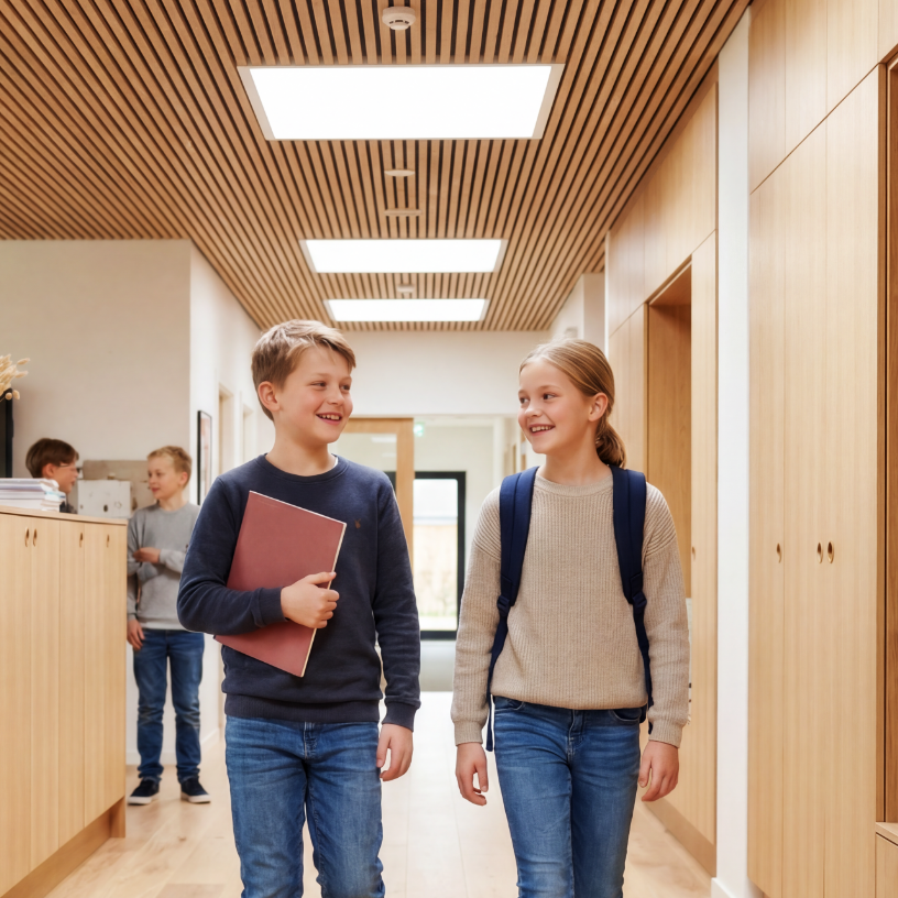 Children walking in a modern school hallway