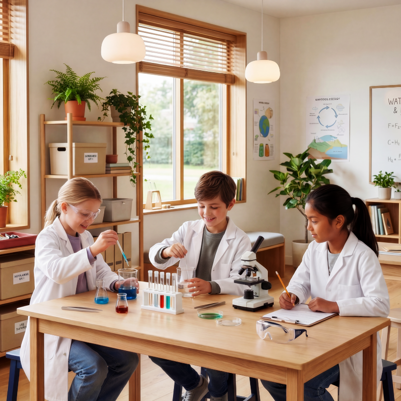 Children in a science lab at Inspired Edge Academy