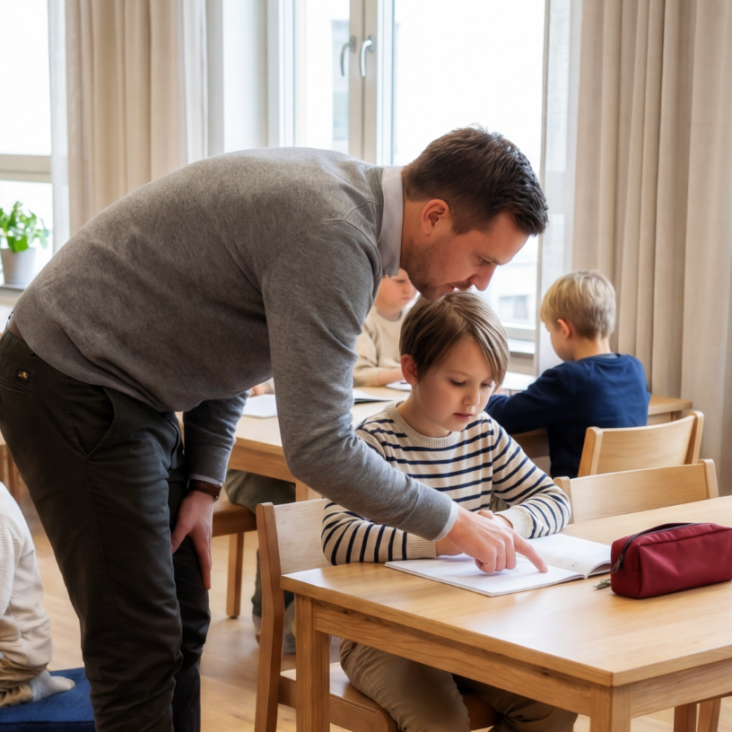Educator guiding students in a modern learning environment